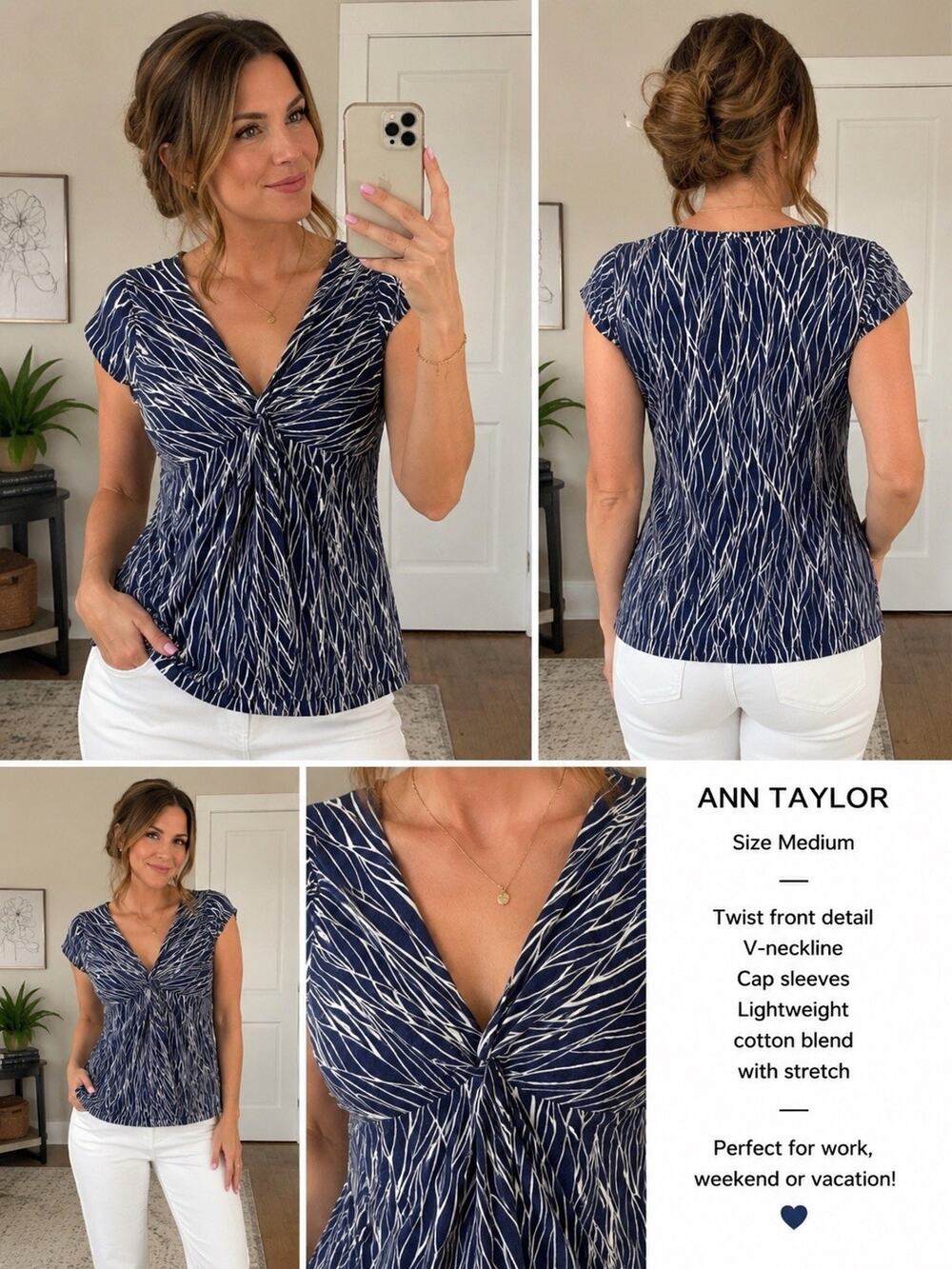 Ann Taylor Navy & White Abstract Print Twist Front Top – Size Medium
